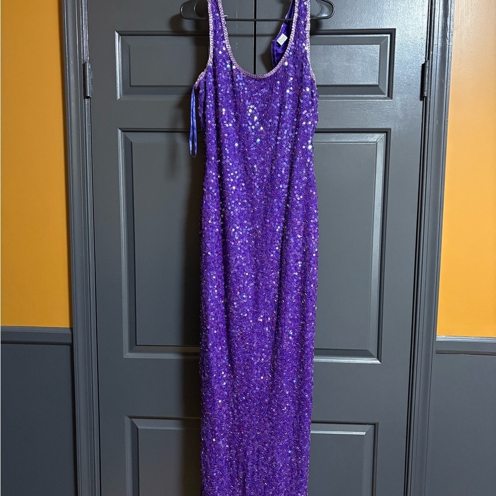 Laurence Kazar Purple Sequin Beaded Maxi Dress